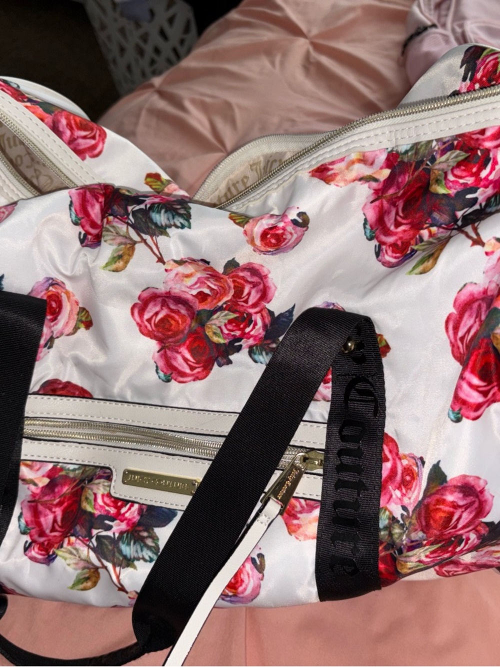 Juicy Couture White Floral Rose Travel Tote with Black Branded Strap